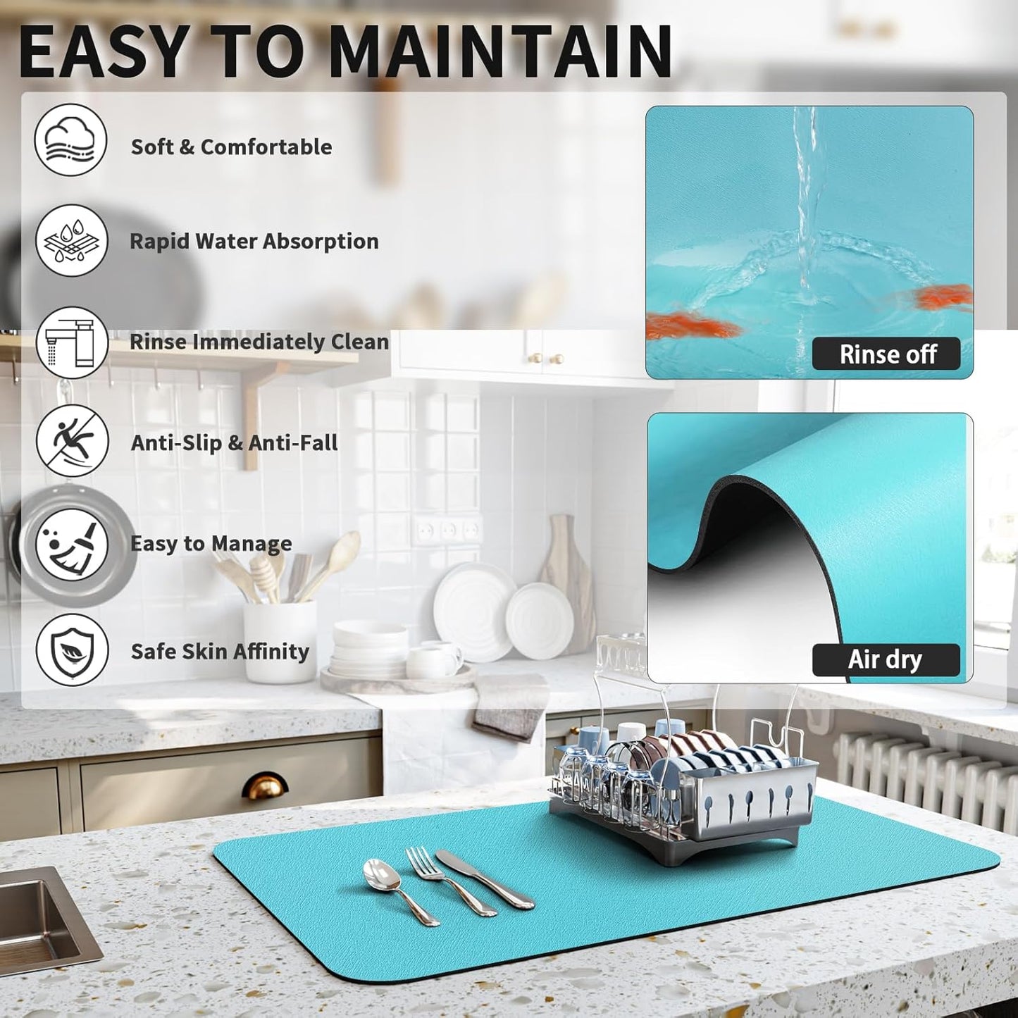 HotLive Dish Drying Mat for Kitchen Counter, Heat Resistant Drainer Mats with Non-slip Rubber Backed, Hide Stain Kitchen Super Absorbent Draining Mat, Easy to Clean Dish Rack Pad, Dark Grey 16"x18"