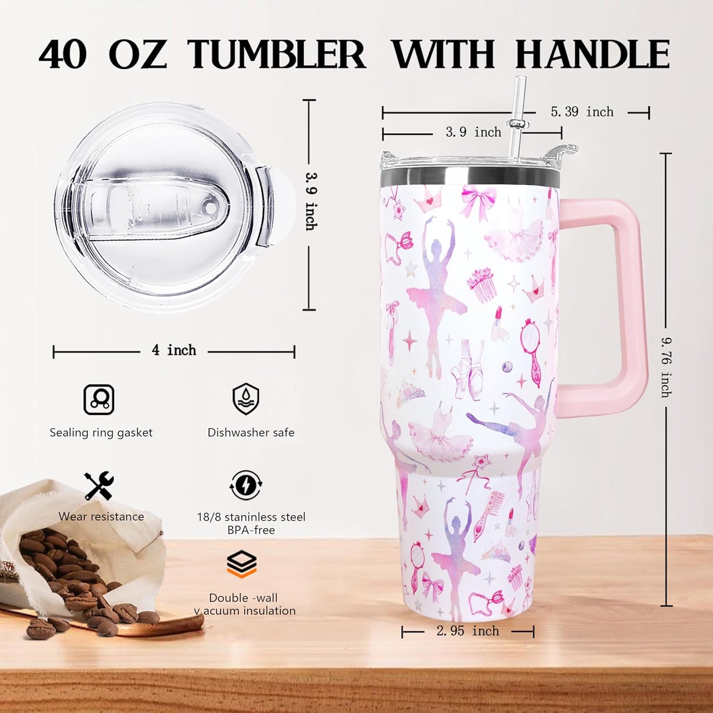 Ceovfoi 40 oz Pickleball Coffee Mug Vacuum Insulated Travel Tumbler with Handle, Lid & Straw - Perfect Pickleball Gifts for Players, Coaches, Lovers | Pickleball Accessories