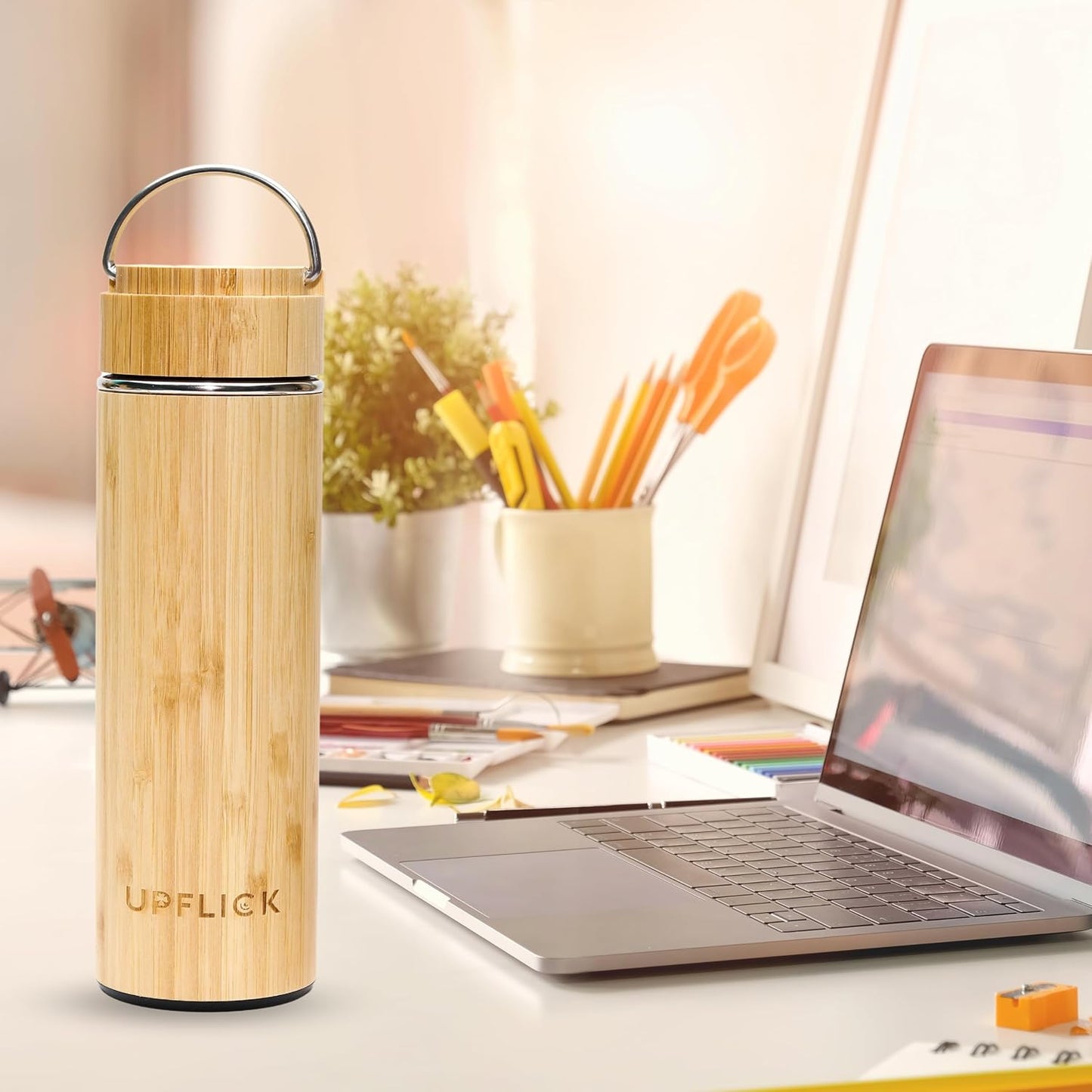 Bamboo Water Bottle Insulated Tea Tumbler for Men Birthday Gift, Women Travel Tea Set with Diffuser for Loose Tea Leaves, Stainless Steel Leak Proof Gift for Mom (15 oz)