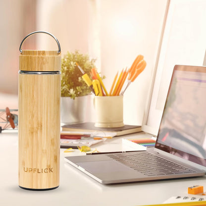 Bamboo Water Bottle Insulated Tea Tumbler for Men Birthday Gift, Women Travel Tea Set with Diffuser for Loose Tea Leaves, Stainless Steel Leak Proof Gift for Mom (15 oz)