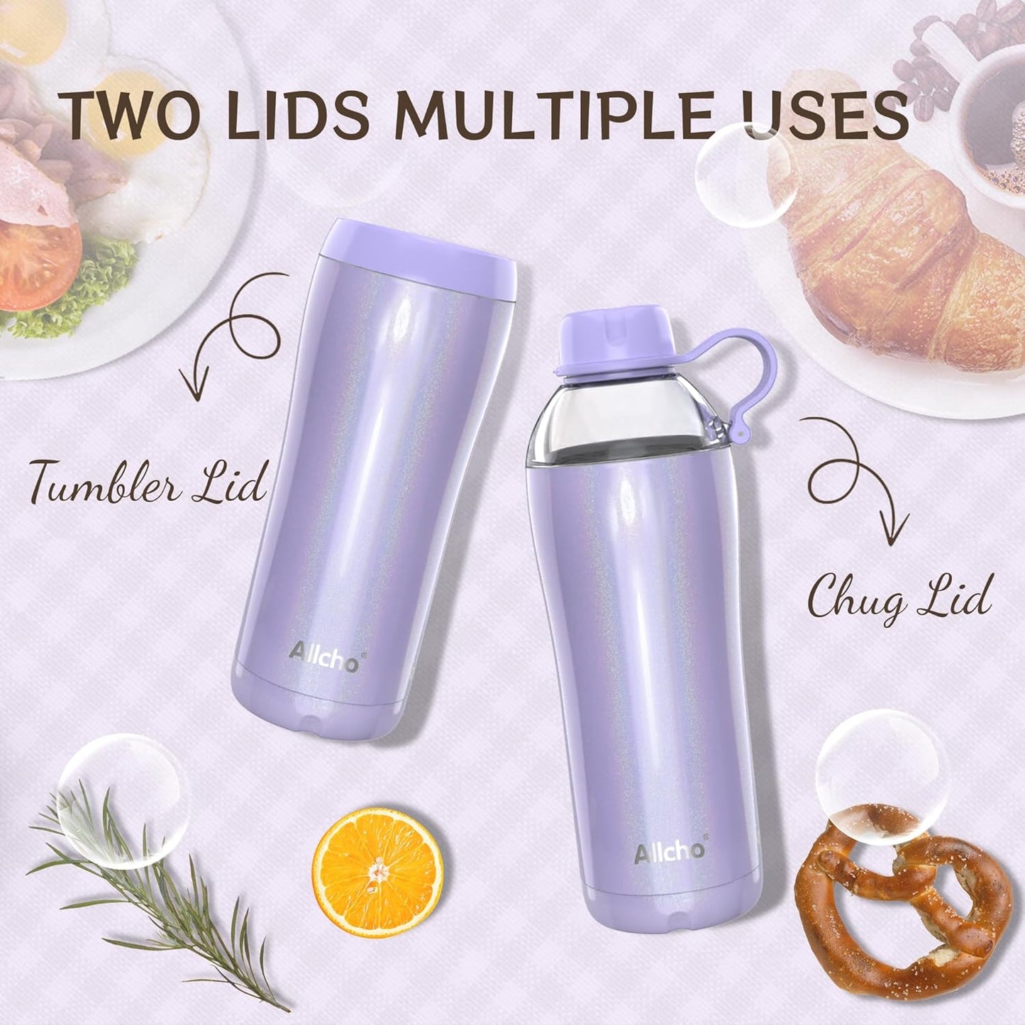 Allcho Insulated Water Bottle for Women, 18oz Stainless Steel Leak Proof Tumbler with 2 Lids, BPA-Free Tritan Chug & Straw Lid, Double Wall Vacuum Flask