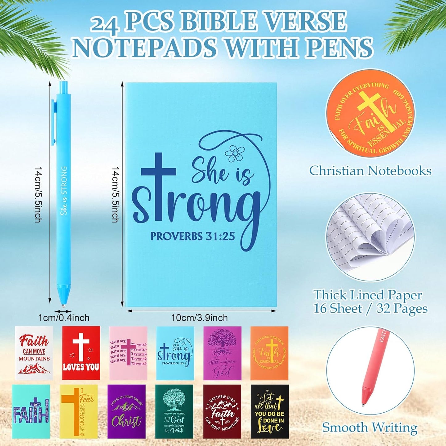 Feifeiya 72 Pcs/ 24 Set Bible Verse Gifts Bulk 24 oz Father's Day Christian Plastic Tumbler with Lids and Straws Inspirational Prayer Notepads Religious Pen Church Cups Gift for Christian Party Favors