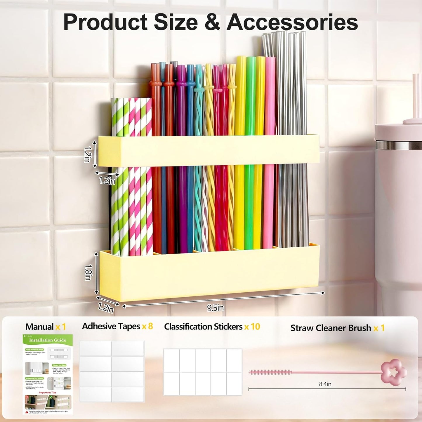 9.5” Large Acrylic Straw Holder for Cabinet Door, Reusable Adjustable Two-Part Straws Organizer with Ultra Sticky Adhesive Strips, 2026 Straw Storage for Kitchen Cupboard (Transparent)