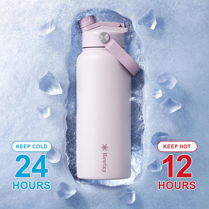 KEWIXY 32 oz Insulated Water Bottle, 2-in-1 Lid, Straw & Spout with Protected, Leak Proof, Keep Cold, Stainless Steel, Metal, Reusable, Handle, for Outdoor, Gym and School, 2 Lids, Blush Pink
