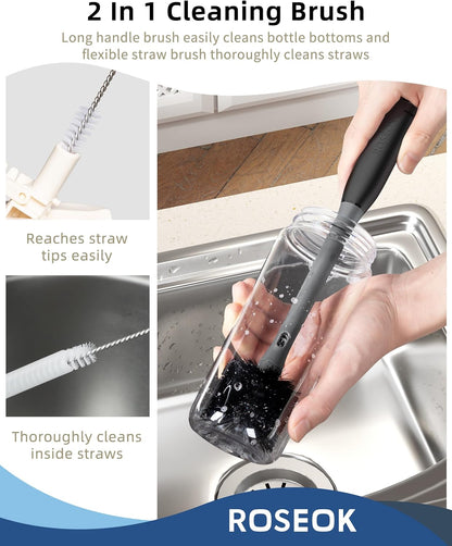 ROSEOK 2 in 1 Long Handle Bottle Brush with Straw Brush for Cleaning Glass, Sports Bottle, Coffee Mug,Navy Blue,1 Pack