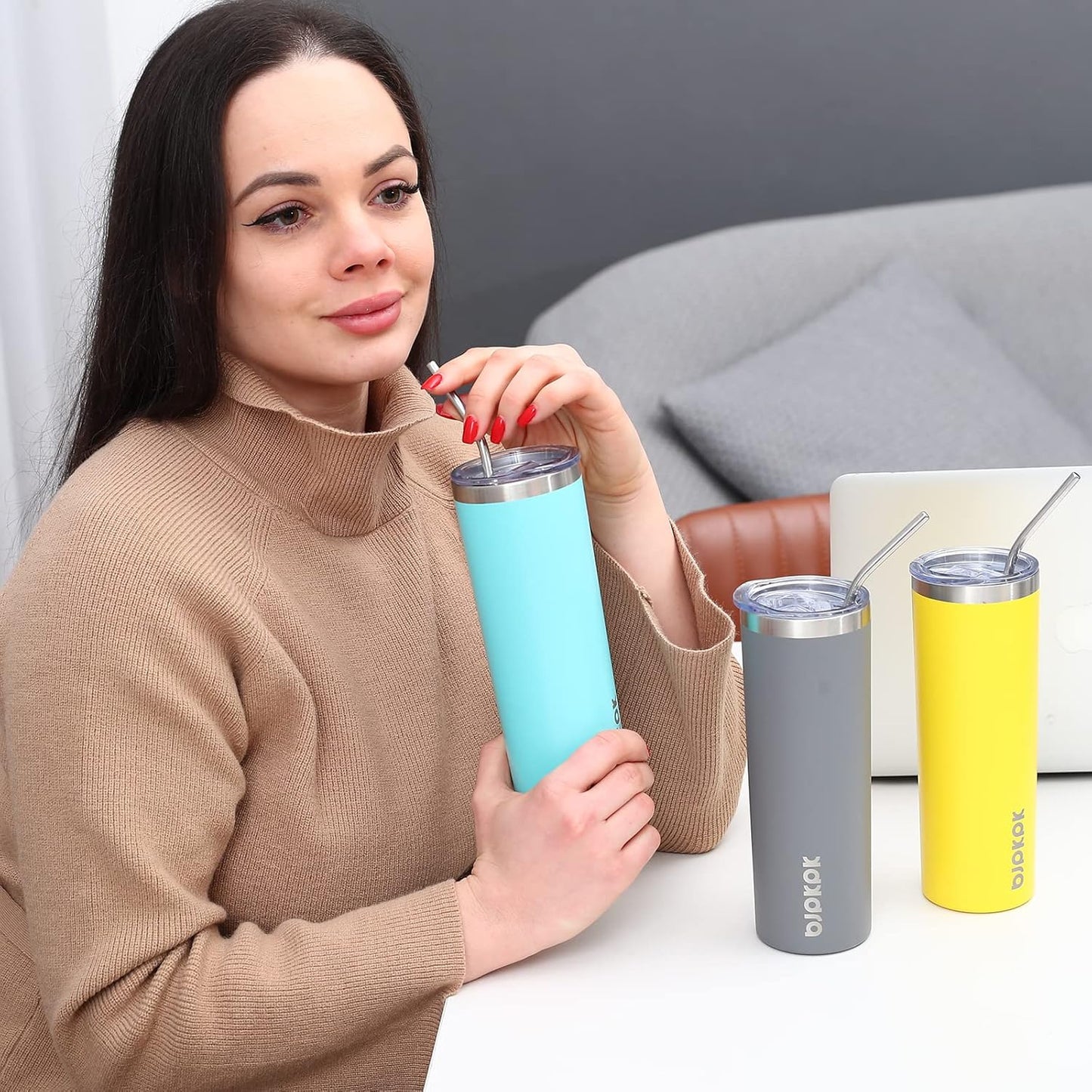 BJPKPK Skinny Tumbler with Lid 20 oz Stainless Steel Vacuum Insulated Double Wall Travel Coffee Water Tumblers Cup,White