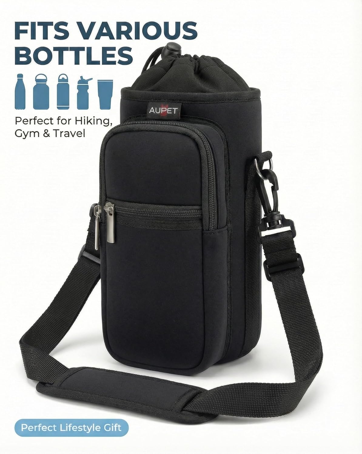 AUPET Water Bottle Sling Bag Sleeve Holder Carrier 25/32/40/64 oz,Insulated Crossbody Water Bottle Case Cover with Strap and Pockets for Men/Women Walking Hiking