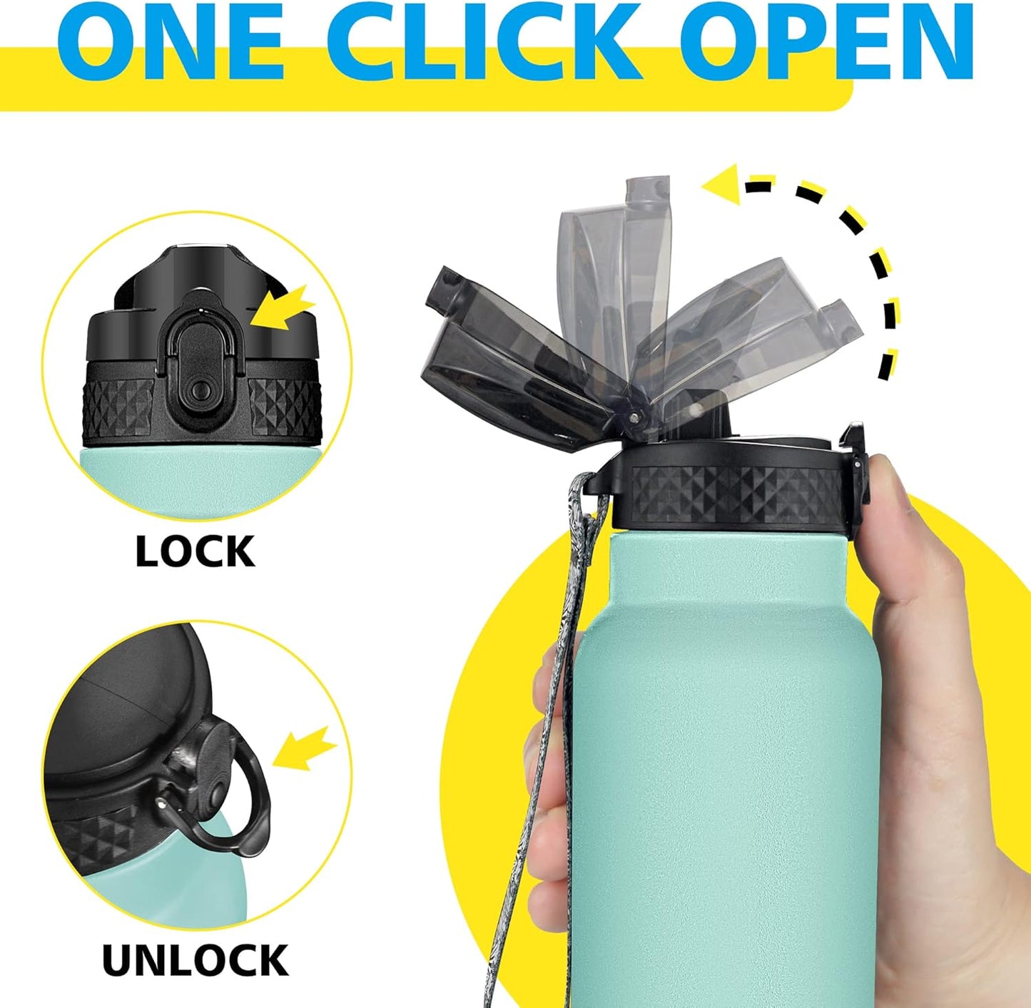 Han's Bottle Sports Water Bottle - 24 Oz, Straw Lid, Leak Proof, Vacuum Insulated Stainless Steel, Double Walled, Thermo Mug,Black