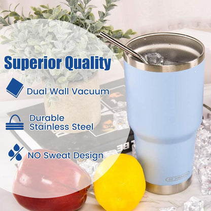 D·S 30oz Blue Tumbler Stainless Steel Double Wall Vacuum Insulated Mug with Straw and Lid, Cleaning Brush for Cold and Hot Beverages