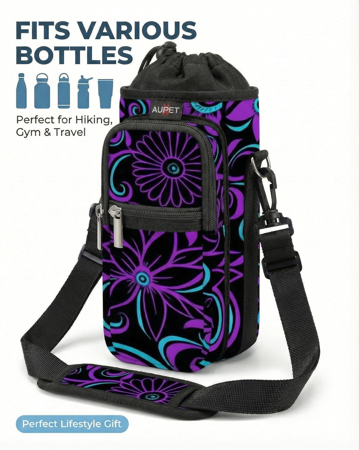 AUPET Water Bottle Sling Bag Sleeve Holder Carrier 25/32/40/64 oz,Insulated Crossbody Water Bottle Case Cover with Strap and Pockets for Men/Women Walking Hiking