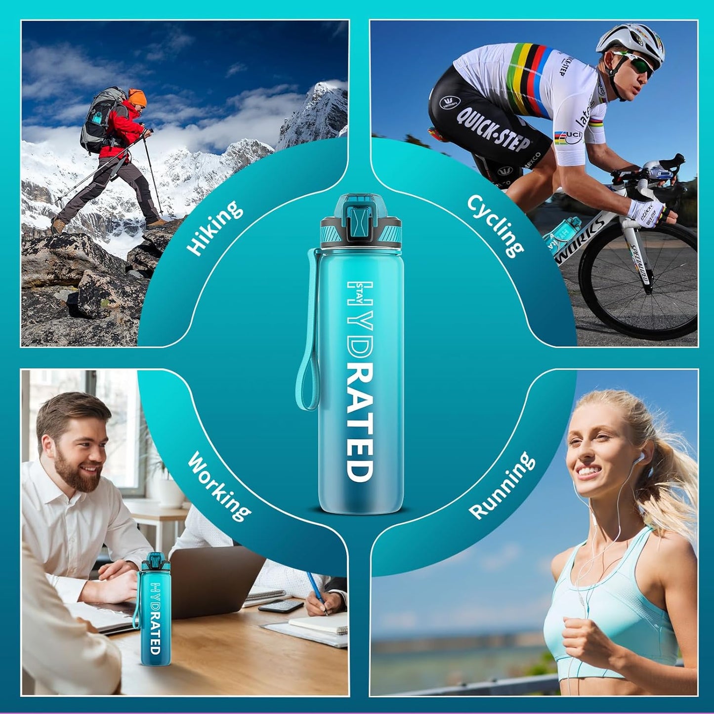 QLUR Water Bottle with Straw, 32oz Motivational Water Bottles with Time Marker to Drink, Tritan BPA Free, 1L Sports Water Bottle with Carry Strap LeakProof for Women Gym Fitness Outdoor (1 Pack)