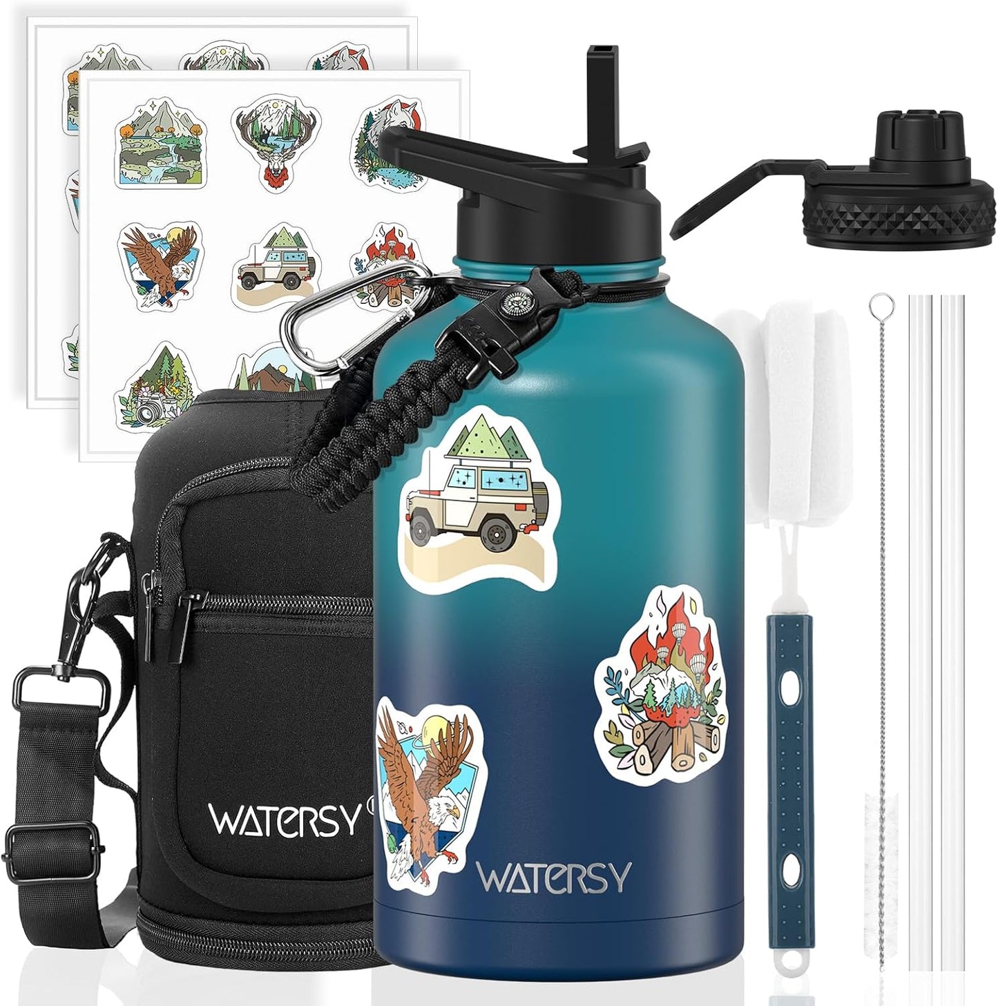 40oz Insulated Water Bottle (Cold for 48 Hrs),BPA Free&Leak Proof,Stainless Steel Water Flask,Water Jug with Straw Spout Lids for Gym,Hiking,Travel,Black Blue