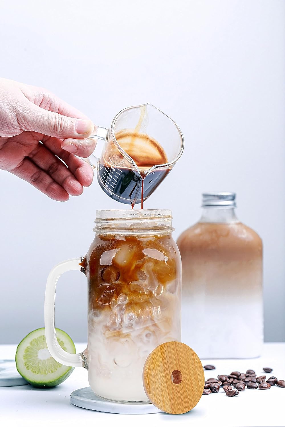 ANOTION Mason Jar Iced Coffee Cup with Lid and Straw, 24oz Regular Mouth Mason Jars with Handle Glass Coffee Drinking Glasses Tumbler Reusable Cups Bottles for Iced Coffee Cups for Travel Office Home