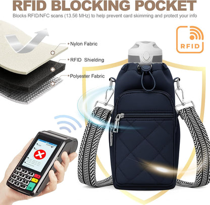 SYTRAH Water Bottle Carrier Bag with Strap, Water Bottle Purse with Phone Pocket 40oz for Walking Hiking