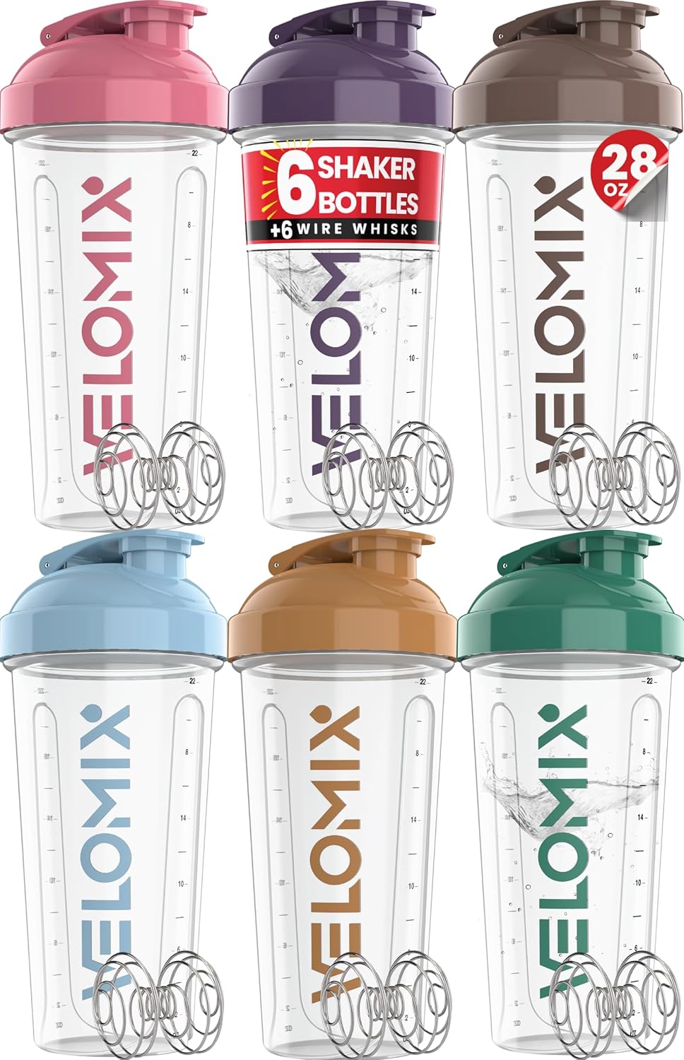 VELOMIX -6 PACK- 28 oz Protein Shaker Bottle for Protein Mixes - 6x Wire Whisk | Leak Proof Shaker Cups for Protein Shakes | Protein Shaker Bottle Pack | Protein Shake Cup (Earth Tones Collection)