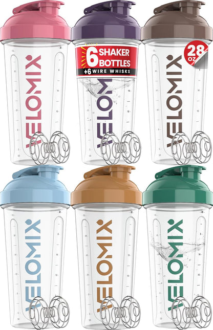 VELOMIX -6 PACK- 28 oz Protein Shaker Bottle for Protein Mixes - 6x Wire Whisk | Leak Proof Shaker Cups for Protein Shakes | Protein Shaker Bottle Pack | Protein Shake Cup (Earth Tones Collection)