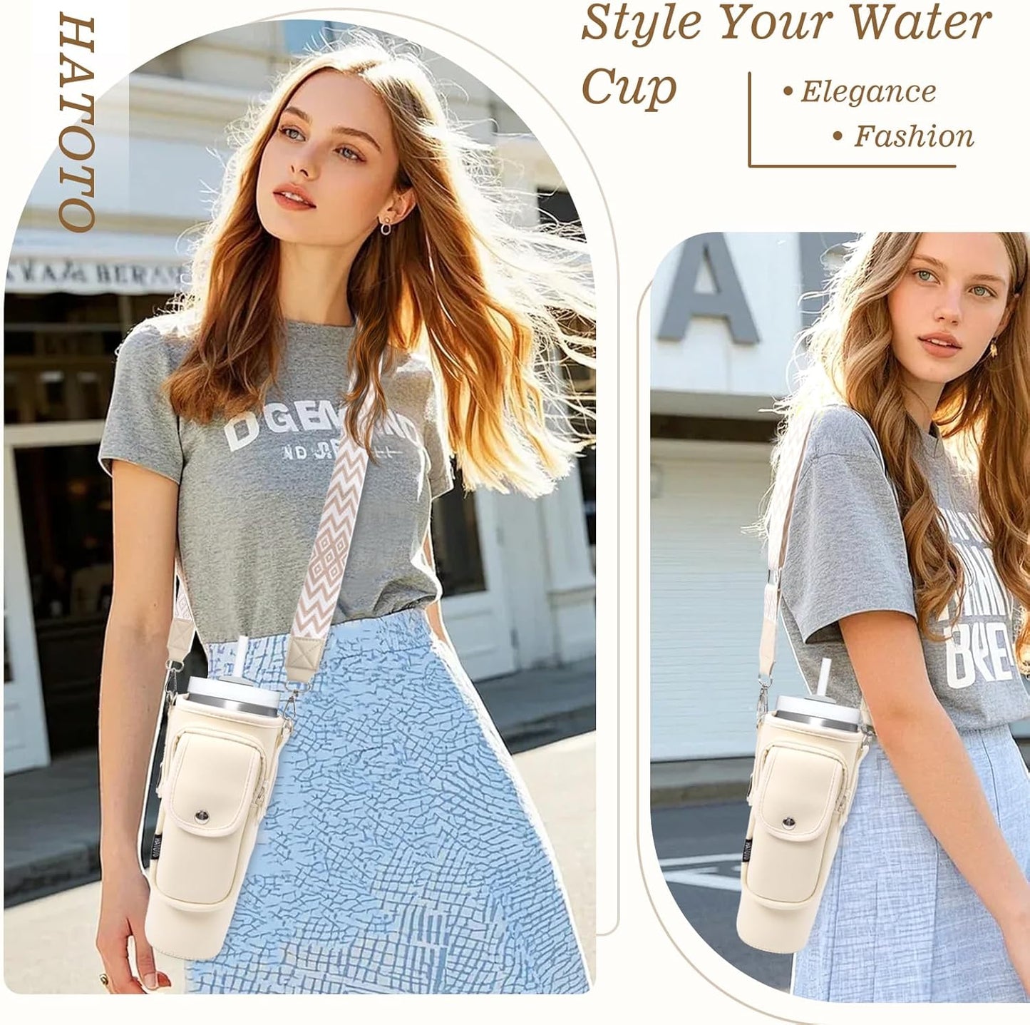 Water Bottle Holder with Strap for Stanley Cup 40/30oz, Insulated Neoprene Stanley Cup Holder with Strap for Tumbler with Handle Stanley Carrier Bag Cross-body Bag for Walking