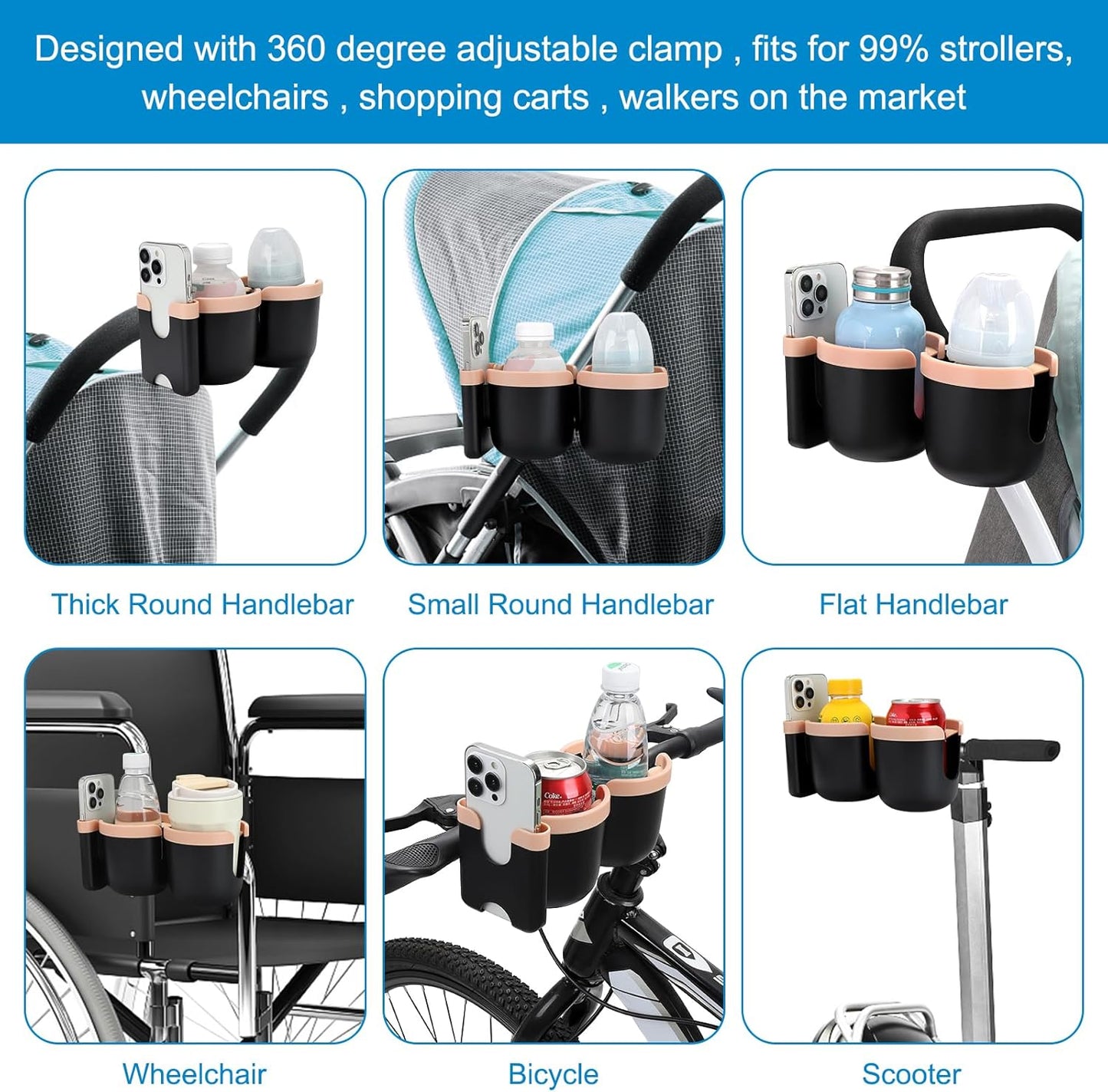 Accmor Stroller Cup Holder with Phone Holder, Bike Cup Holder, Universal Cup Holder for Uppababy Nuna Doona Strollers, 2-in-1 Cup Holder for Walker, Wheelchair, Scooter - Colors B