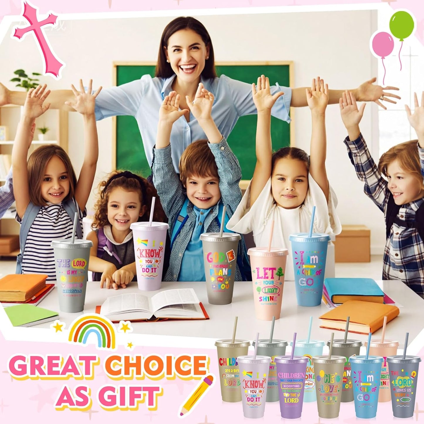 Uiifan 10 Pcs Christian Tumblers with Straws for Kids, Bible Verse Cups for VBS, Sunday School, Church Party Favors and Faith Gifts, Reusable Plastic Tumblers with Lids, 24 oz, White