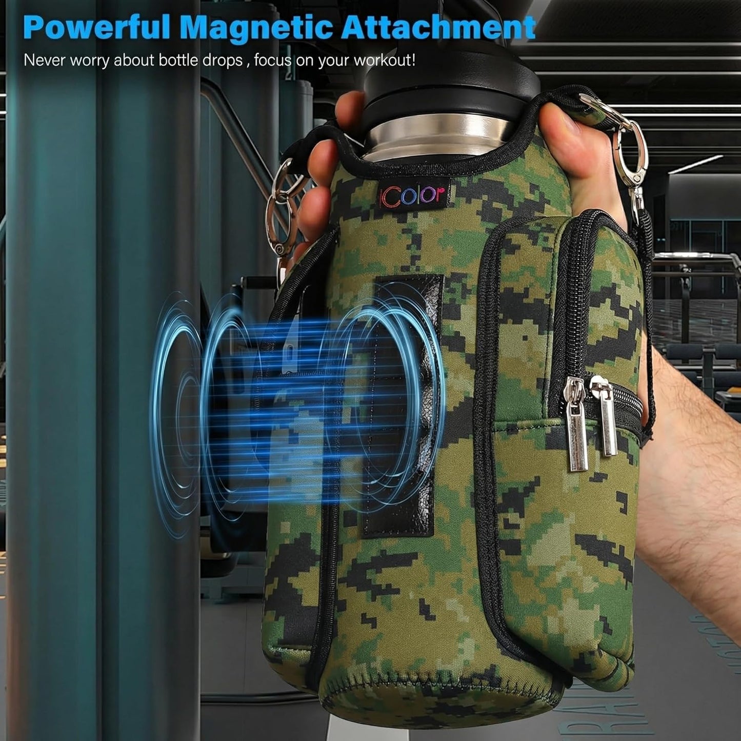 icolor Magnetic Gym Bag Water Bottle Carrier Holder with Phone Pockets & Shoulder Strap,Gym Magnetic Bag 5 Built-in Magnets Gym Accessories Organizer Sling Bottle Bag Pouch Sleeve