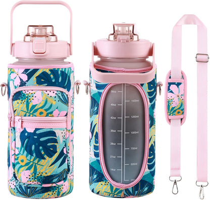Large Motivational Water Bottle with Straw Time Marker BPA Free for Sport and Fitness (Pink Blue, 64 Oz / Half Gallon)
