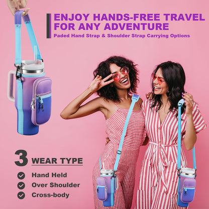 BULKITEM Water Bottle Carrier Bag with Phone Pocket for Stanley 40 & 30 oz Tumbler with Handle,Pink Insulated Neoprene Cup Holder Pouch w/Adjustable Strap for Quencher H2.0 Stanley Cup Accessories