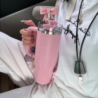 Compatible with Stanley Cup Accessories - 3Pcs 10mm Bow Straw Topper Compatible with Stanley Cup Straw Cover Cap, 2pcs Pink Bow Charms for Stanley 30&40 Oz Tumbler with Handle