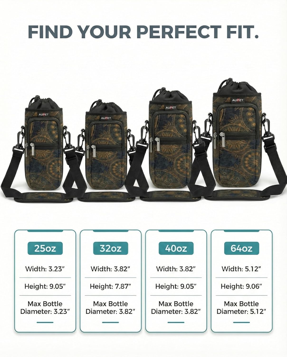 AUPET Water Bottle Sling Bag Sleeve Holder Carrier 25/32/40/64 oz,Insulated Crossbody Water Bottle Case Cover with Strap and Pockets for Men/Women Walking Hiking