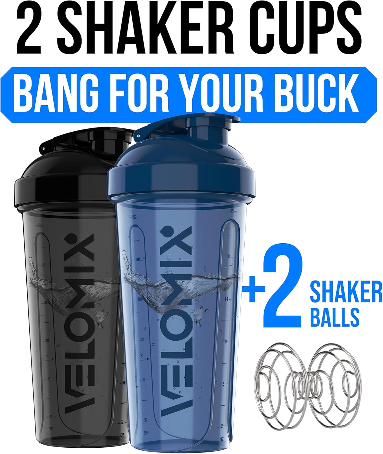VELOMIX -2 Pack- 28 oz Protein Shaker Bottles for Protein Mixes - 2x Wire Whisk | Leak Proof Shaker Cups for Protein Shakes | Protein Shaker Bottle Pack (Black/Transparent)