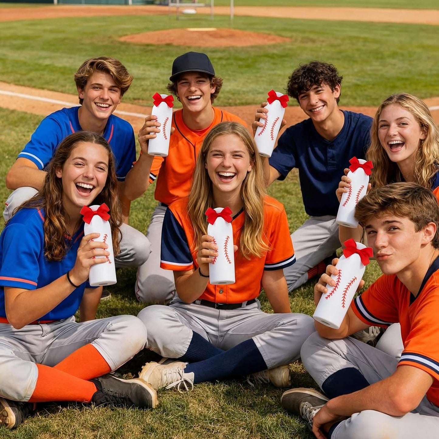 6 Pcs Softball Team Gifts Water Bottles Bulk 17 oz Softball Party Favors Decorations Stainless Steel Sports Tumblers with Bow Vacuum Insulated Reusable Leakproof Bottles for Birthday Father