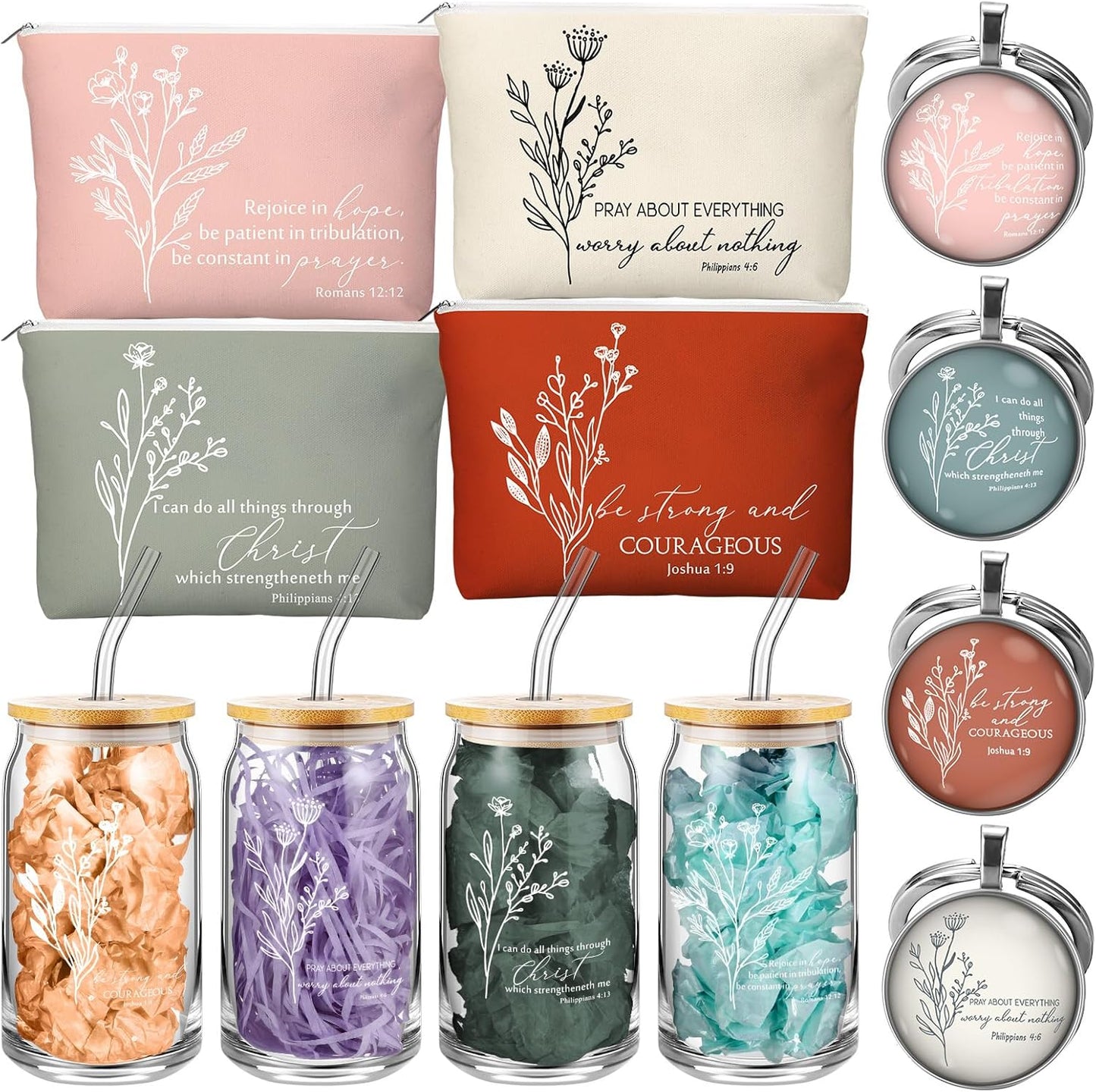 Fumete 4 Sets Christian Gifts for Women Church Gifts Set 16oz Bible Verse Glass Cup Religious Makeup Cosmetic Bags Prayer Tumbler Keychain for Study Group Sunday School God Teacher(Bright Morandi)