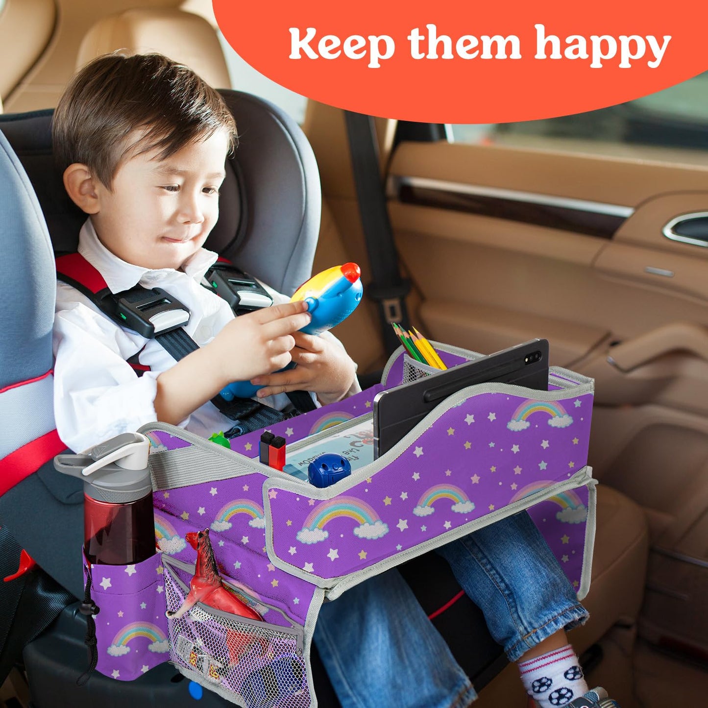 PILLANI Kids Travel Tray for Car - Car Seat Tray with Activity Sheets & Pens, Road Trip Essentials for Car & Airplane, Must Have Toddler Travel Lap Desk Accessories - Road Trip Activities for Kids