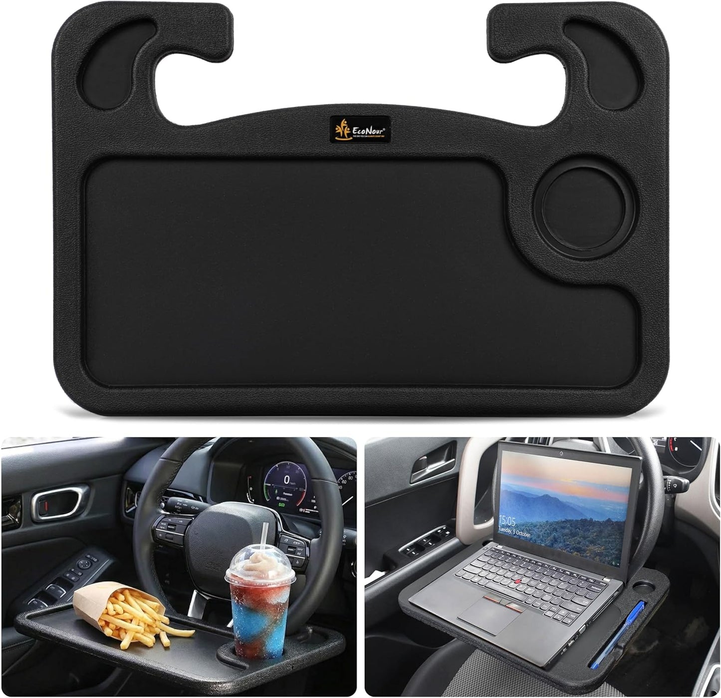 EcoNour 2 in 1 Car Steering Wheel Desk | Tray for Laptop Car Mount with Pen Holder | Desk Console for Car | Food Tray for Eating with Drinks Holder | Multipurpose Travel Car Accessories