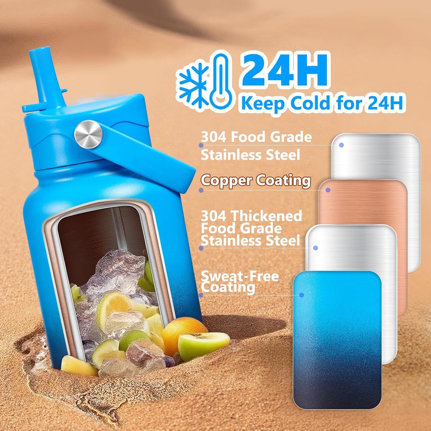 Insulated Water Bottle with Lid & Boot & Stickers, 24 oz Stainless Steel Sweat Free Bottle Keep Cold 24H, BPA-Free Sports Wide Mouth Water Bottle, BlueBlack