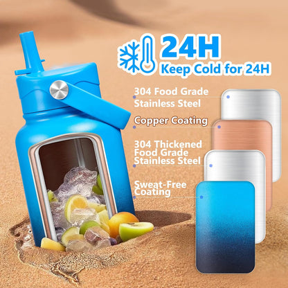 Insulated Water Bottle with Lid & Boot & Stickers, 24 oz Stainless Steel Sweat Free Bottle Keep Cold 24H, BPA-Free Sports Wide Mouth Water Bottle, BlueBlack