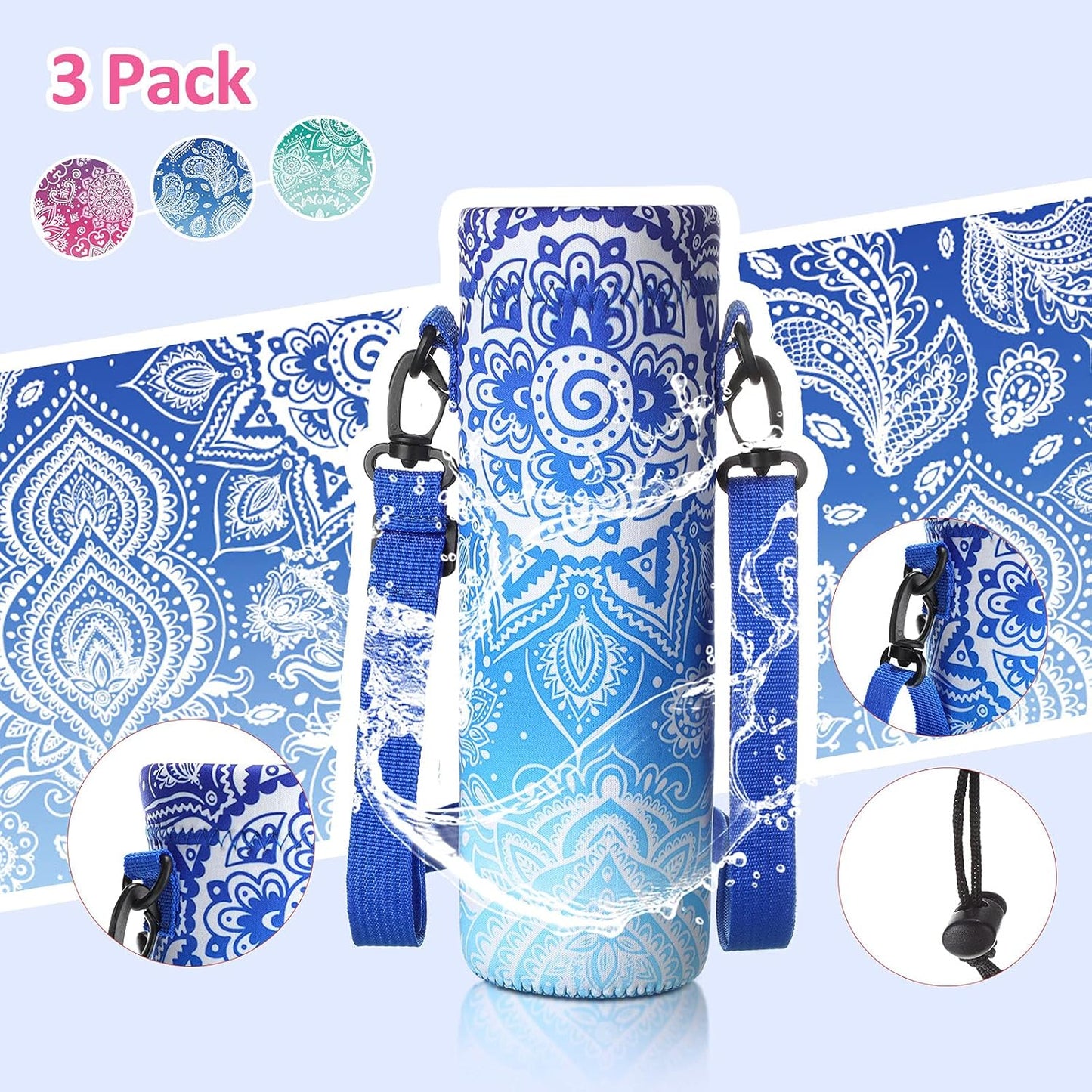 CHENGU 3 Pack 25 oz Neoprene Water Bottle Carrier Bag with Adjustable Shoulder Strap Water Bottle Holders for Adults Sports Gym Hiking Camping Walking(Mandala Style)