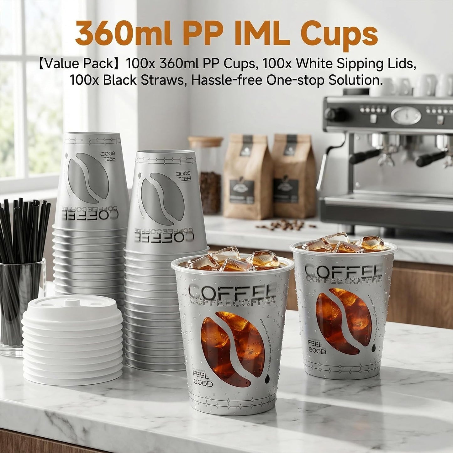 100 Sets Bulk Frosted Disposable Hard Plastic Cups With Straws Lids,90mm Disposable Bubble Boba Milk Tea ToGo Cups Cold Hot Plastic coffee Boba Tea Business TakeAway Supplies (16, ounces)