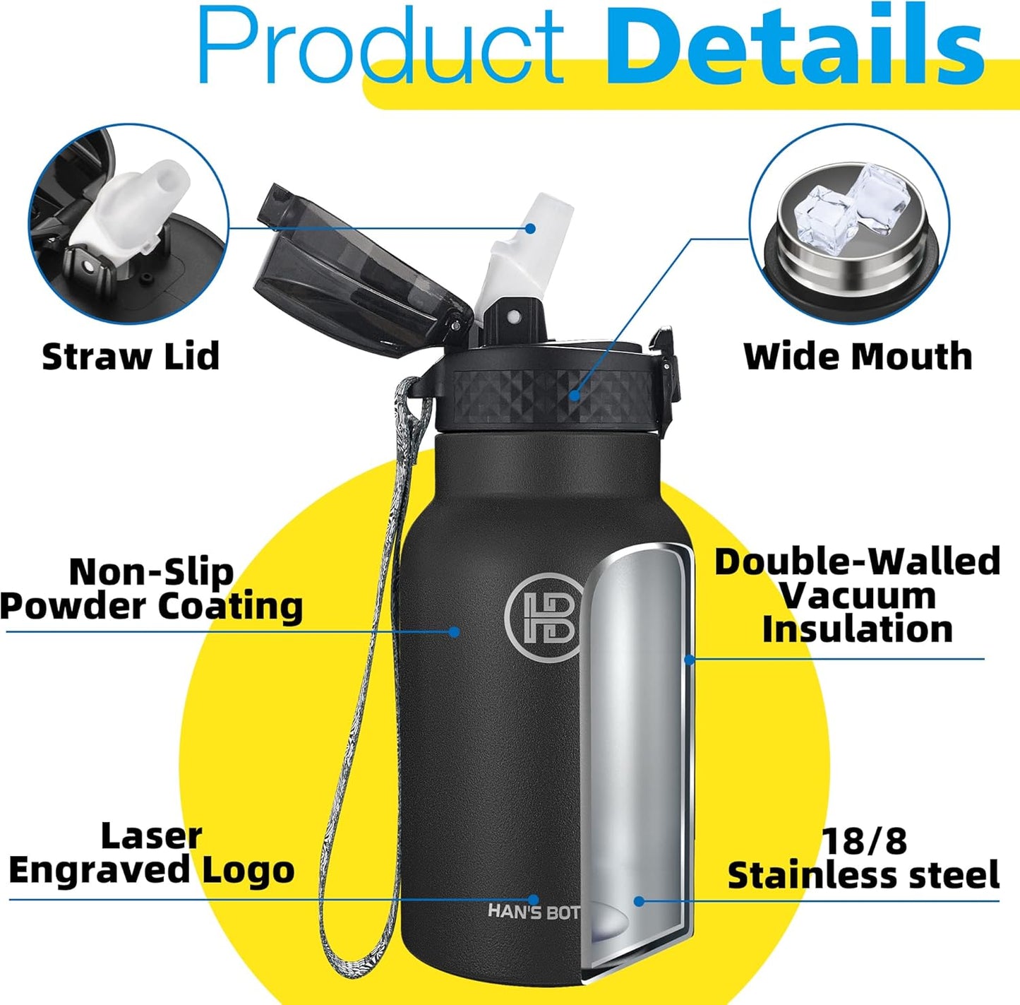 Han's Bottle Sports Water Bottle - 24 Oz, Straw Lid, Leak Proof, Vacuum Insulated Stainless Steel, Double Walled, Thermo Mug,Black