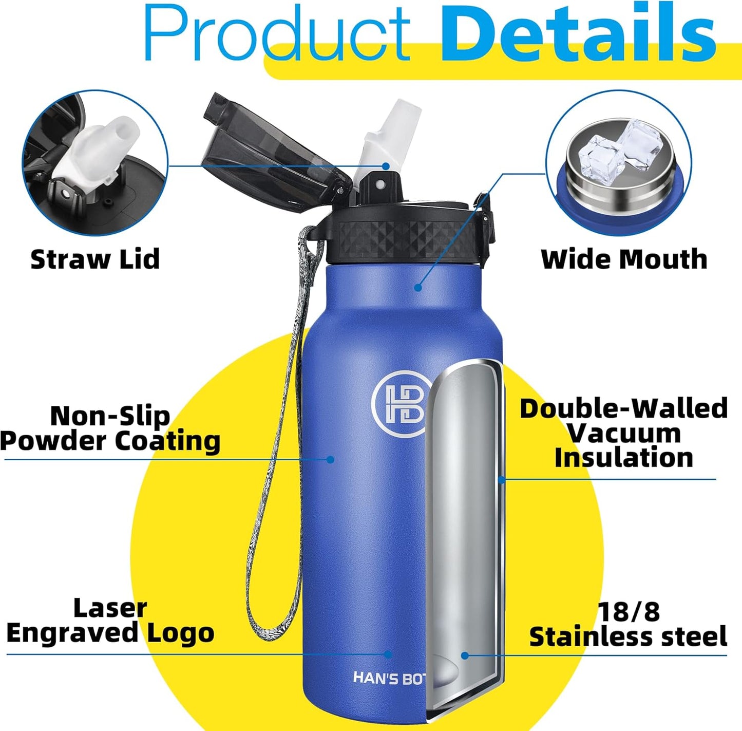 Han's Bottle Sports Water Bottle - 24 Oz, Straw Lid, Leak Proof, Vacuum Insulated Stainless Steel, Double Walled, Thermo Mug,Black