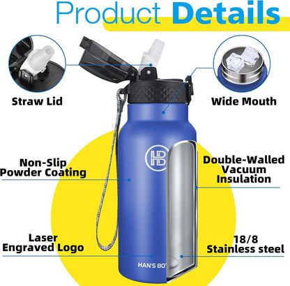 Han's Bottle Sports Water Bottle - 24 Oz, Straw Lid, Leak Proof, Vacuum Insulated Stainless Steel, Double Walled, Thermo Mug,Black