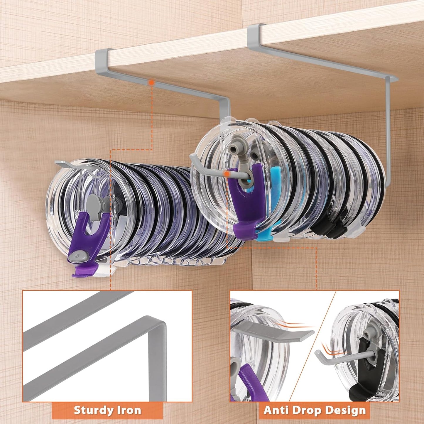 Tumbler Lid Organizer, Horizontal Tumbler Lid Storage Hook Up to 10 Lids, Space Saving Cup Lid Holders Under Cabinet Tumbler Lid Hook for Kitchen Organizer and Storage,Hanging Paper Towel Rack Hanger