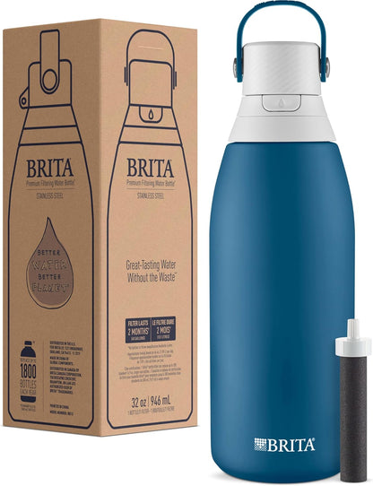 Brita Stainless Steel Premium Filtering Water Bottle, BPA-Free, Reusable, Insulated, Replaces 300 Plastic Water Bottles, Filter Lasts 2 Months or 40 Gallons, Includes 1 Filter, Marina - 32 oz