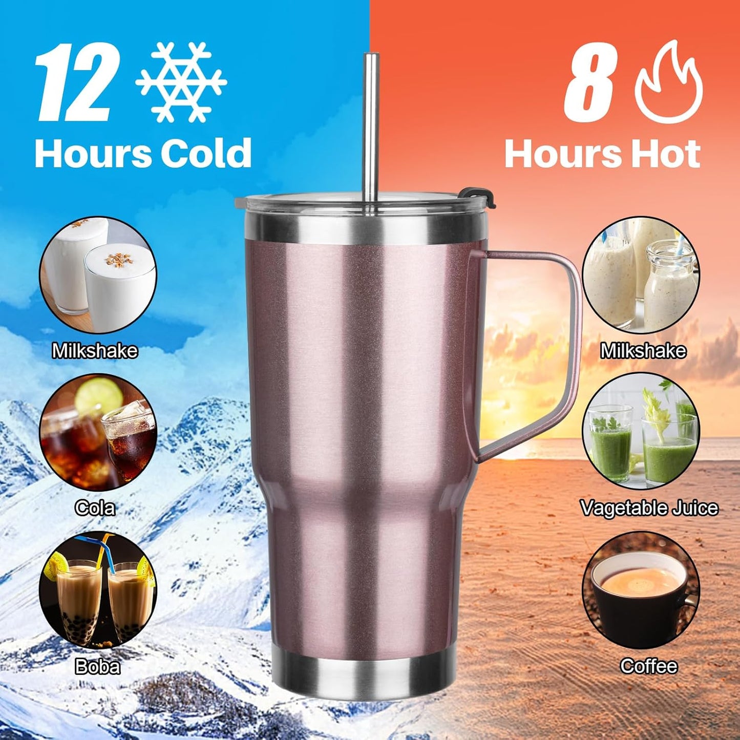 20 oz Tumbler with Handle, Stainless Steel Insulated Tumbler with Lid and Straw, Double Wall Vacuum Coffee Mug Tumbler, Insulated Coffee Thermal Cup for Cold and Hot (Light Purple)
