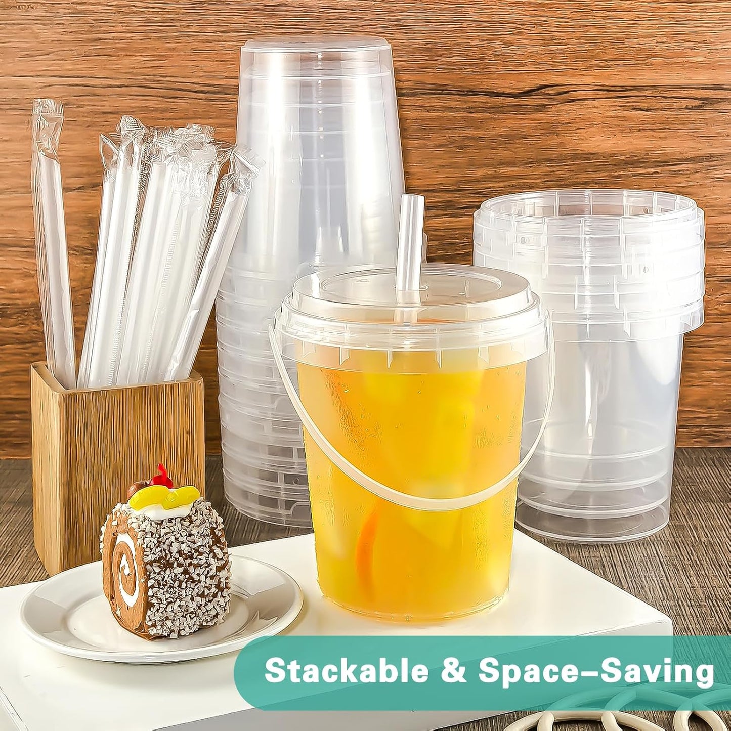 10 Pack 34oz Plastic Cups with Lids and Straws, Disposable Iced Coffee Cups with Lids,Sturdy & Food Safe Drink Buckets for Cold/Hot Drinks,Smoothies, Fruit Drinks Cups Summer Beverages,Bar/Beach Party