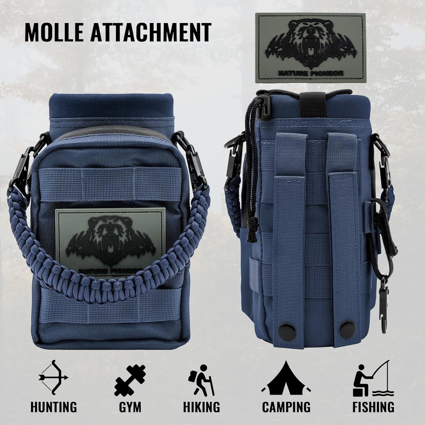 NATURE PIONEOR 32 64 128oz Tactical Water Bottle Pouch, Multi-Function Tactical Water Bottle Bag with Adjustable Shoulder Strap, Half/One Gallon Molle Strap Carrier Holder