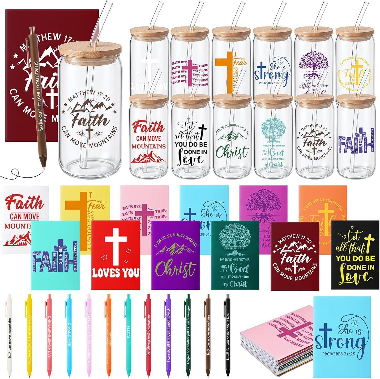 Skylety 12 Set Christian Gifts Bulk for Women Men Bible Study Journal 16 oz Inspirational Bible Verse Glass Cups Religious Tumblers with Lids Straw Pens for Pastor Church Anniversary Souvenirs Teacher