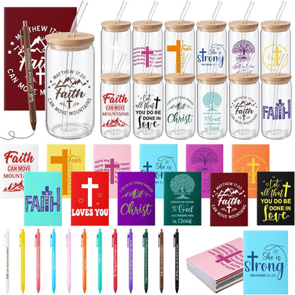 Skylety 12 Set Christian Gifts Bulk for Women Men Bible Study Journal 16 oz Inspirational Bible Verse Glass Cups Religious Tumblers with Lids Straw Pens for Pastor Church Anniversary Souvenirs Teacher