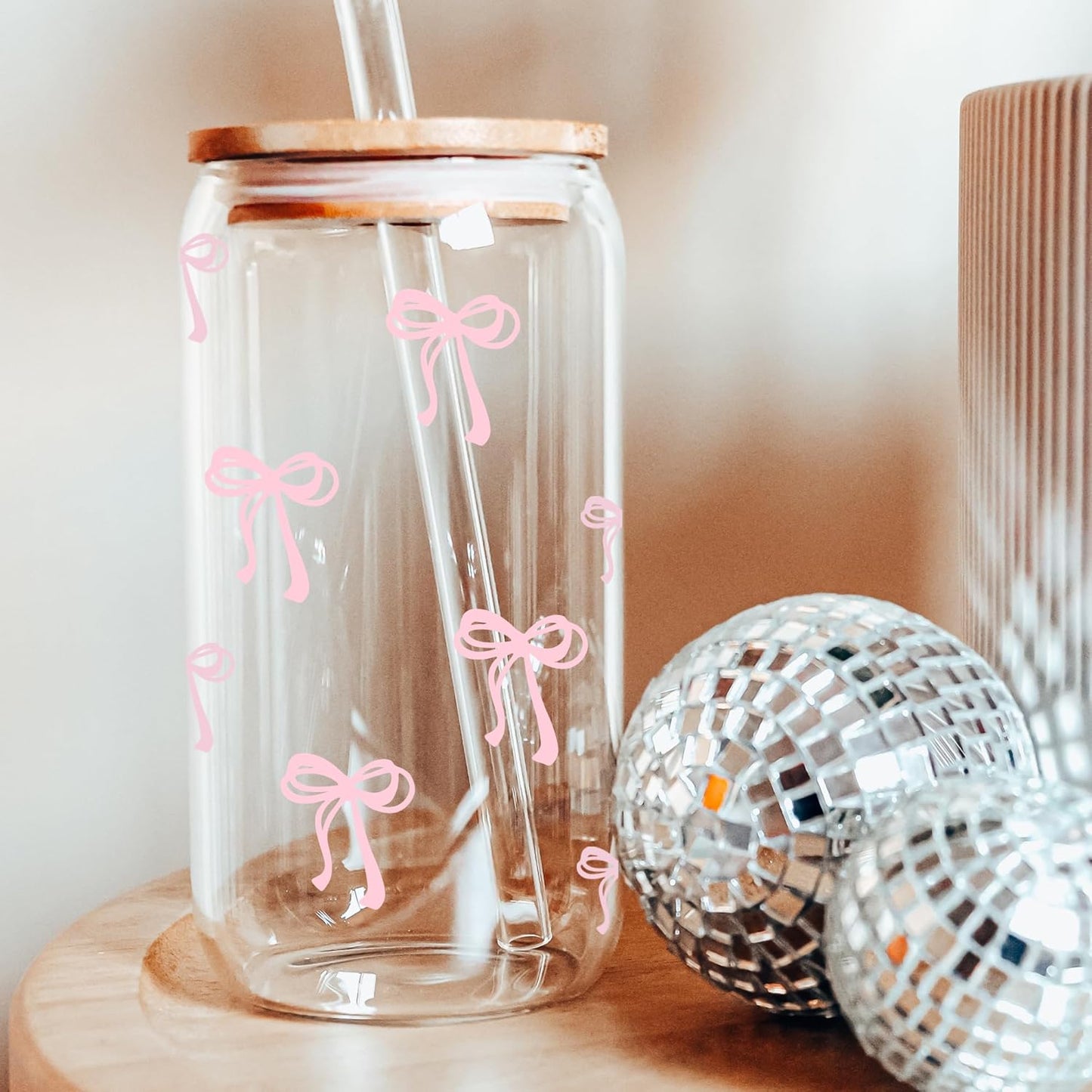 Coquette Cute Pink Bow Glass Cups with Lids and Straws, Aesthetic Iced Coffee Matcha Cup, Girly Preppy Design Tumbler Mug, Valentines Christmas Birthday Gifts for Women, Teen Girl Gifts Trendy Stuff