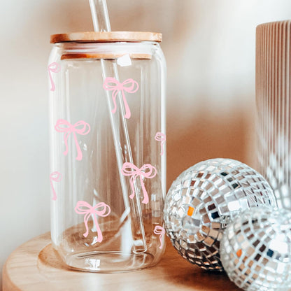 Coquette Cute Pink Bow Glass Cups with Lids and Straws, Aesthetic Iced Coffee Matcha Cup, Girly Preppy Design Tumbler Mug, Valentines Christmas Birthday Gifts for Women, Teen Girl Gifts Trendy Stuff