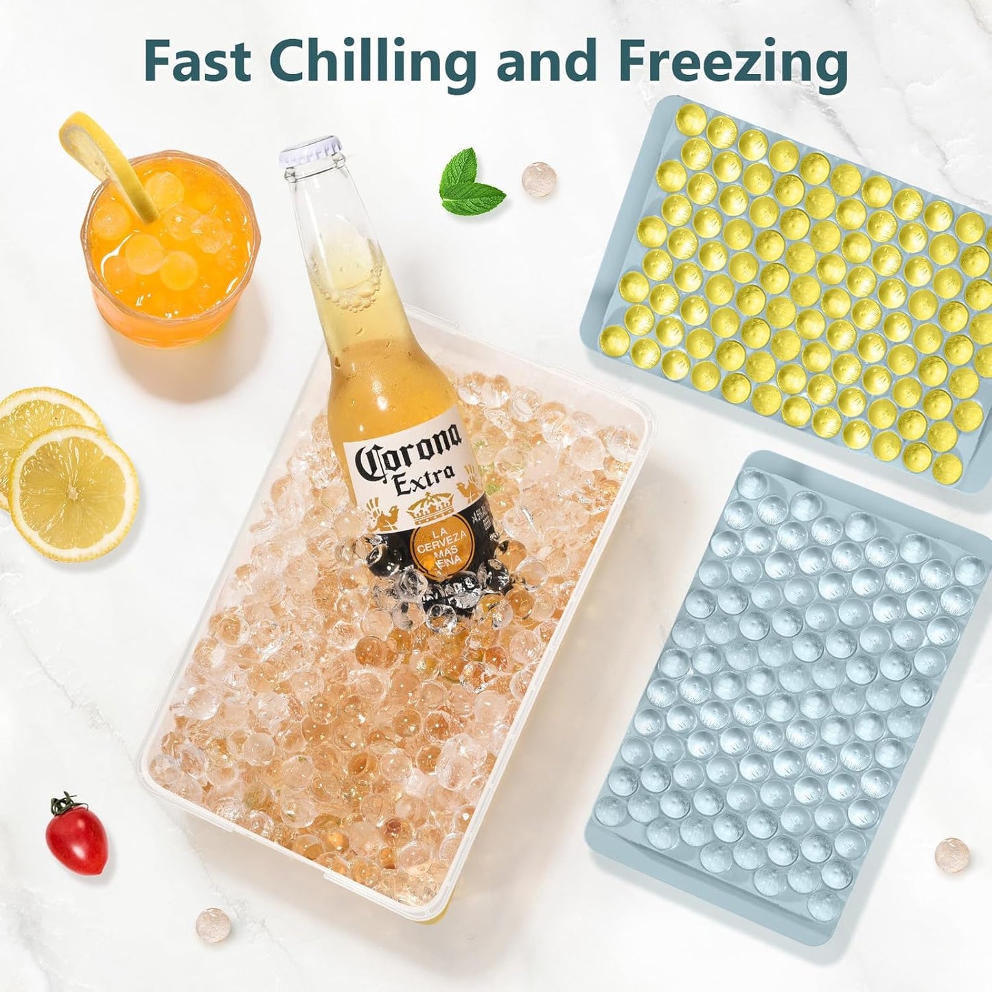 WIBIMEN Mini Ice Cube Trays, 0.55” Tiny Pebble Ice for Iced Coffee & Cocktails, Fast Chill, Easy Twist Release, Stackable with Lid & Storage Bin (4 Pack, Blue)